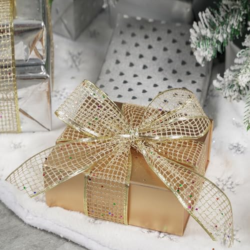 Champagne Gold Glitter Christmas Ribbon 2.5 Inch Square Mesh Net Wired Ribbons with Rainbow Sparkle Champagne Ribbon for Christmas Tree Decoration (30 Foot)