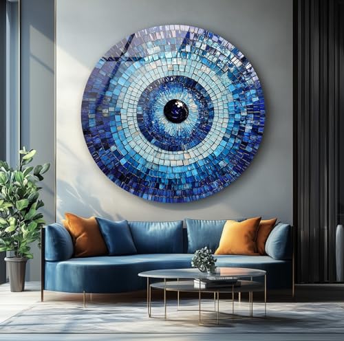 39,4''(100cm) Diameter Blue Mosaic Evil Eye Round Glass Wall Art Tempered Glass Printing Wall Decor Large Wall Art Wall Hangings