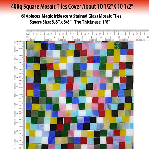 610 Pieces Iridescent Square Glass Mosaic Tiles for Crafts (15 Ounce)