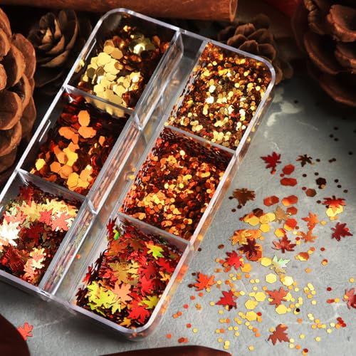 Thanksgiving Glitter Maple Leaf Nail Sequins Fall Nail Flakes Design Nail Charms Holographic Mixed Color 3D Confetti Autumn Nail Art Stickers Maple Leaves Nail Glitter Sequins for Women (2 Ounce)