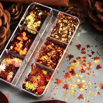 Thanksgiving Glitter Maple Leaf Nail Sequins Fall Nail Flakes Design Nail Charms Holographic Mixed Color 3D Confetti Autumn Nail Art Stickers Maple Leaves Nail Glitter Sequins for Women (2 Ounce)