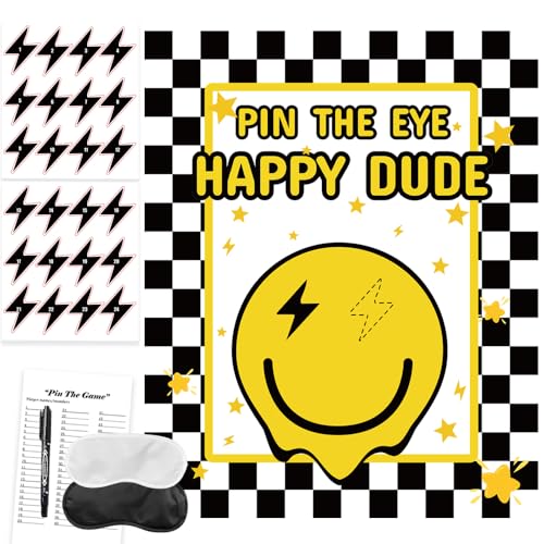 ONE Happy Dude Party Games Pin The Eye on The Dude Kid Game for Smiley Face One Cool Dude 1st Birthday Party Decorations Favors Supplies 24 Sticker (33 Count)
