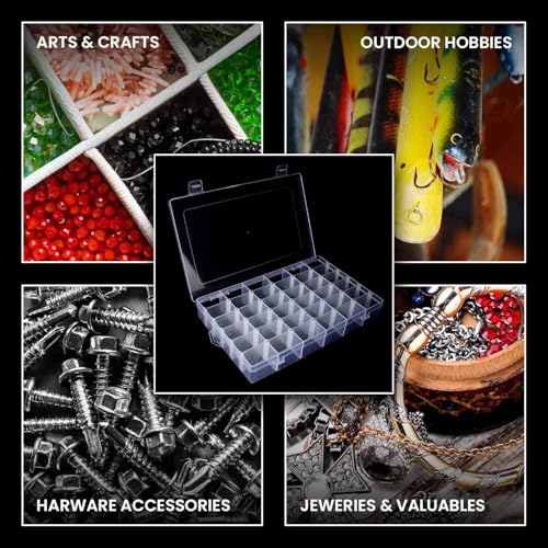 4pack 36 Grids Plastic Clear Organizer Box Bead Storage Containers with Adjustable Dividers for Craft Jewelry Fishing Tackles Parts Storage with 4 Sheets Label Stickers (4 Count)