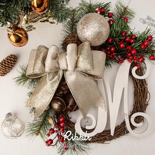 Light Champagne Velvet Wired Ribbon 2.5 Inch Ivory Velvet with Champagne Glitter Christmas Ribbon for Christmas Tree Decoration Big Bow Gift Wrapping Crafts Wreaths Supplies (30 Foot)