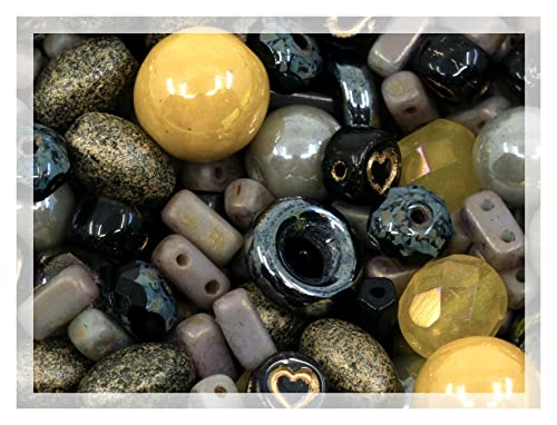 2.1oz (60 g) Mix of Unique Czech Bohemia Glass Pressed Beads, Matte and Glossy, Hand Made, Luster Gray Yellow (2.1164 Ounce)