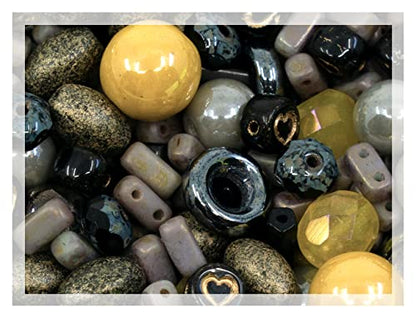 2.1oz (60 g) Mix of Unique Czech Bohemia Glass Pressed Beads, Matte and Glossy, Hand Made, Luster Gray Yellow (2.1164 Ounce)