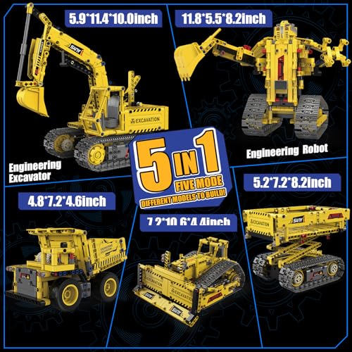 5-in-1 RC Excavator Building Kit for Kids 6+ | STEM Toys|555pcs App/Remote Controlled Excavator Kit | for Boys & Girls Ages 6+ | Rechargeable l Coding Robot Toy