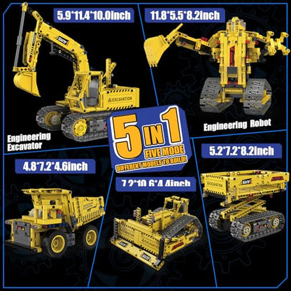 5-in-1 RC Excavator Building Kit for Kids 6+ | STEM Toys|555pcs App/Remote Controlled Excavator Kit | for Boys & Girls Ages 6+ | Rechargeable l Coding Robot Toy