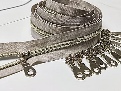 5 Light Gold Teeth Metallic Nylon Coil Zippers by The Yard Bulk 10 Yards Beige Tape with 25pcs Gold Sliders for DIY Sewing Tailor Craft Bag