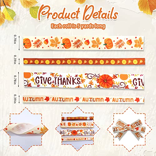 4 PCS Thanksgiving Fall Ribbons Pumpkin Leaves Printed Grosgrain Ribbons White Orange Ribbon Hello Autumn Craft Ribbons for Gift Wrapping Fall Thanksgiving Decor (60 Foot)