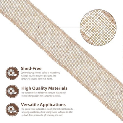 2 Inch Wide Natural Wired Burlap Ribbon for Crafts (30 Feet)