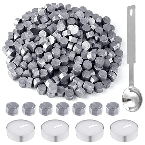 500 Pcs Silver Wax Seal Beads Octagon Sealing Wax Beads with 4 Pcs Tea Candles and 1 Pcs Wax Melting Spoon for Crafts Letter Wine Greeting Cards Sealing (7.7603 Ounce)