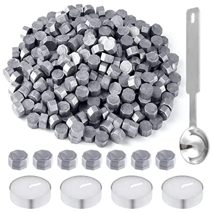 500 Pcs Silver Wax Seal Beads Octagon Sealing Wax Beads with 4 Pcs Tea Candles and 1 Pcs Wax Melting Spoon for Crafts Letter Wine Greeting Cards Sealing (7.7603 Ounce)