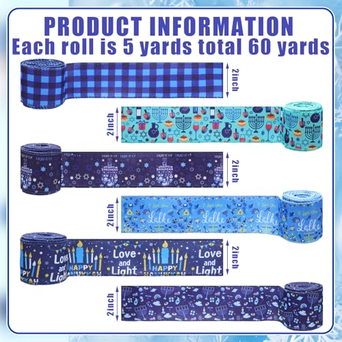 12 Rolls 60 Yard Hanukkah Wired Ribbon for Wreath Craft Bow (12 Count)