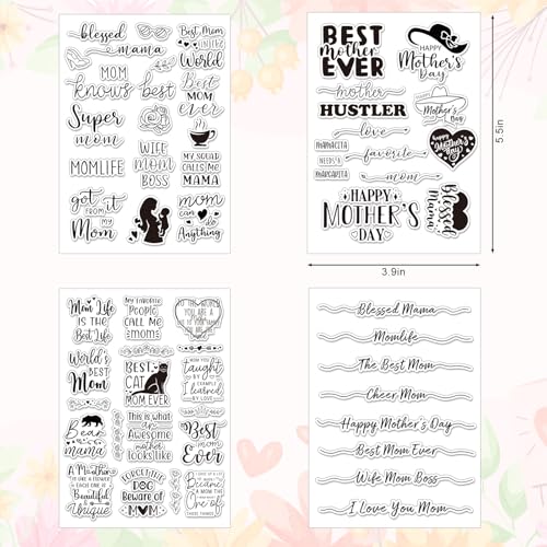 4 Sheets Mother's Day Clear Stamps Greeting Words Silicone Transparent Stamps for DIY Craft Card Making Scrapbooking Embossing Album Decor (4 Count)