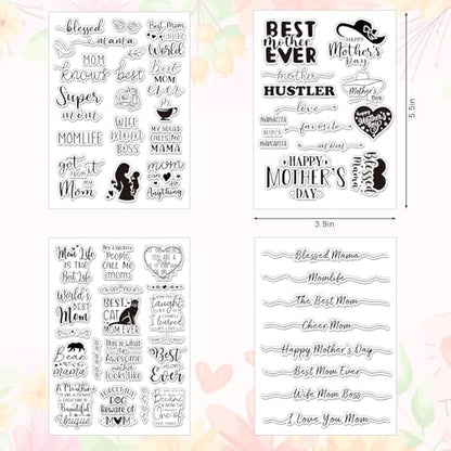 4 Sheets Mother's Day Clear Stamps Greeting Words Silicone Transparent Stamps for DIY Craft Card Making Scrapbooking Embossing Album Decor (4 Count)