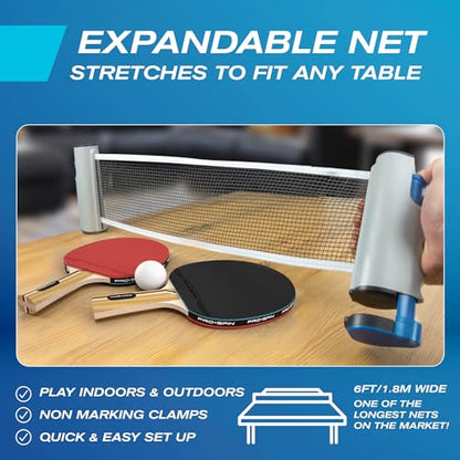 All-in-One Ping Pong Set - Retractable Ping Pong Net for Any Table (72"), Ping Pong Paddles and Balls, Storage Case (2-Player Ultra-Comfort Set, Blue/Black)