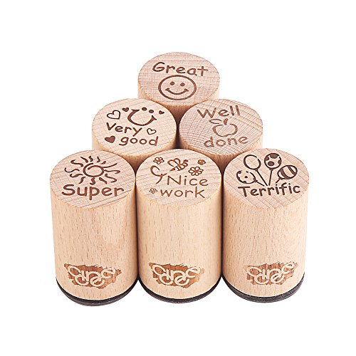6pcs Round Wood Rubber Stamp for School Teachers English Toy Stamp Au116s1p1us1 (6 Count)
