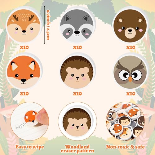 Woodland Animals Mini Eraser for Kids Back to School Gifts 60P Cute Animal Hedgehog Bear Assortment Novelty Pencil Erasers Bulk Stationery for Classroom Reward Birthday Party Goodies Fillers (60 Count)