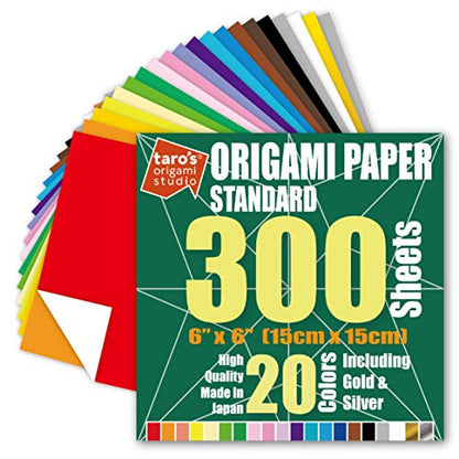 Taro's Origami Studio] Standard 6 Inch One Sided 20 Colors 300 Sheets Square Easy Fold Premium Japanese Paper for Beginner