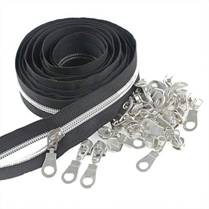 5 Silver Metallic Nylon Coil Zippers by The Yard Bulk 10 Yards Black Tape with 25pcs Silver Sliders for DIY Sewing Tailor Craft Bag
