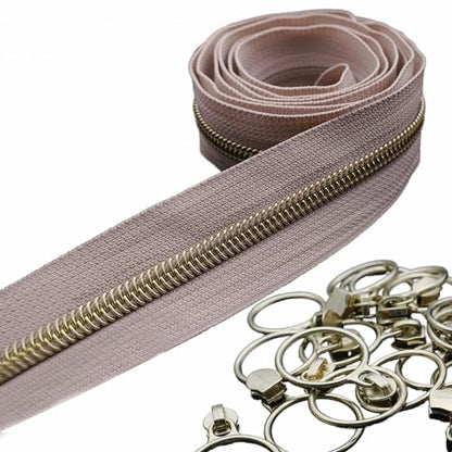 5 Gold Metallic Nylon Coil Zippers by The Yard Bulk 10 Yards Beige Zipper Tape with 25pcs Gold Ring Pull Sliders for DIY Sewing Tailor Craft Bag (25 Count)