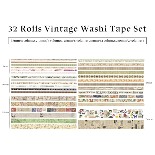 32 Rolls Vintage Rainbow Washi Tape Set Aesthetic Decorative scrapbook Tape (32 Count)