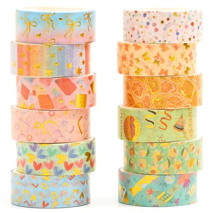 12 Rolls Charming Washi Tape Set Gold Silver Foil Detailing Arts Adhesive Tapes Basic Patterns Decorative Masking Tape Sets for Craft (12 Count)