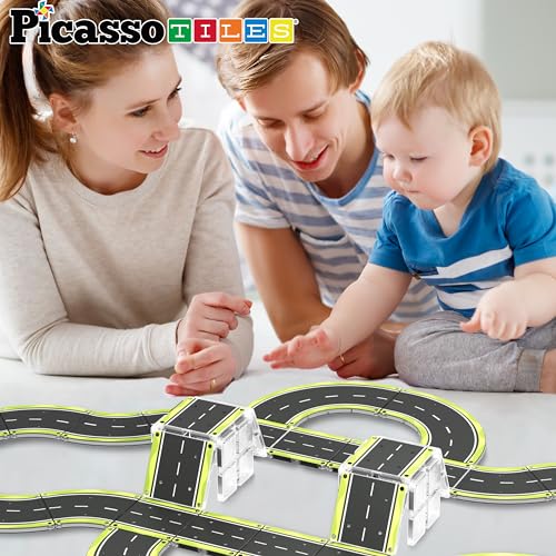 Magnetic Building Tiles Car Track Magnet Vehicle Adventure Theme Printed Street Road Runway Speedway Highway Block Construction Expansion Add (16 Count)