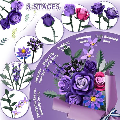 Purple Roses Flower Bouquet Building Sets
