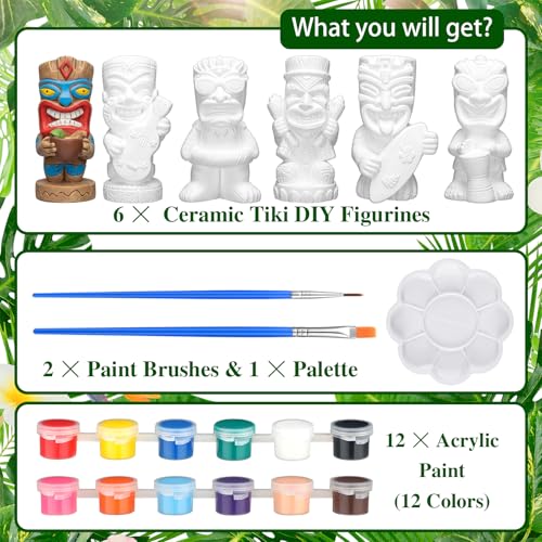 6 Sets Tiki Statue Ceramics to Paint Hawaii Ready to Paint Your Own Ceramic Tiki Statues DIY Unpainted Ceramics Paintable Figurines Crafts with Brush Palette for Tropical Hawaiian Luau Party (6 Count)