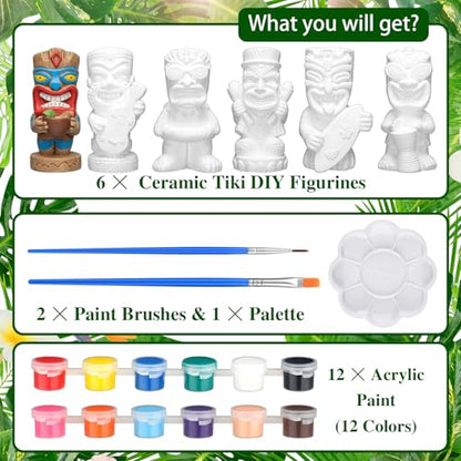 6 Sets Tiki Statue Ceramics to Paint Hawaii Ready to Paint Your Own Ceramic Tiki Statues DIY Unpainted Ceramics Paintable Figurines Crafts with Brush Palette for Tropical Hawaiian Luau Party (6 Count)