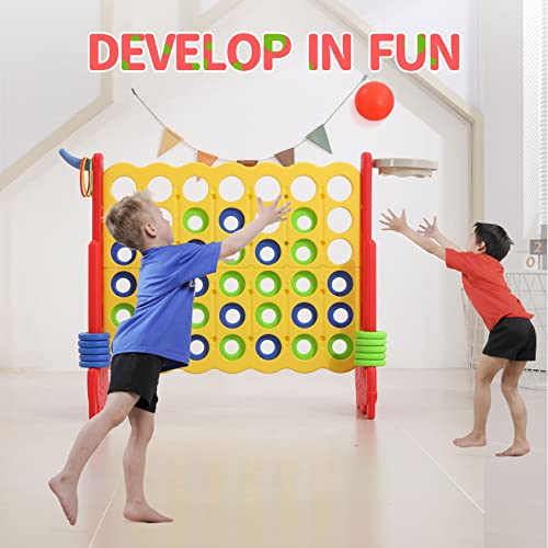 Giant 4-in-a-Row Game with Carry Bag, 3-in-1 Jumbo 4-to-Score Outdoor Yard Game with Basketball Hoop, Ring Toss, Quick-Release Slider, 42 Rings, Family Party Game for Kids & Adults