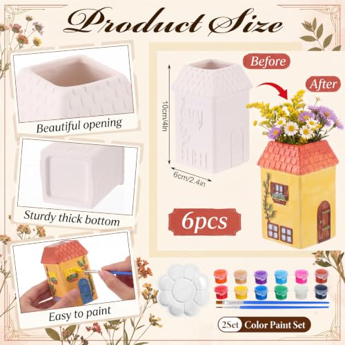 6 Pcs Ceramic House Vases Back to School Painting Kit Bisque Ready to Paint (6 Count)