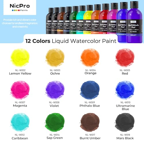 12 Colors Liquid Watercolor Paint Set (101.4 Fl Oz)