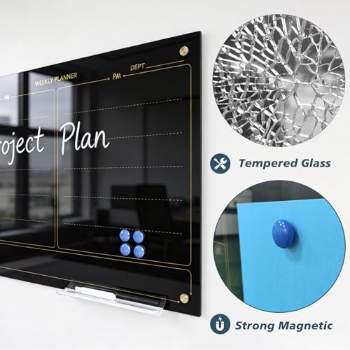 Glass Whiteboard 24"X36" Weekly Calendar Blackboard Magnetic Planner WritingBoard Dry Erase Board Frameless White Board for Office School Home Tray