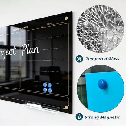 Glass Whiteboard 24"X36" Weekly Calendar Blackboard Magnetic Planner WritingBoard Dry Erase Board Frameless White Board for Office School Home Tray