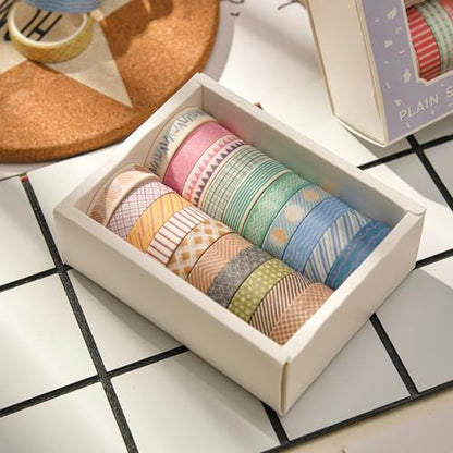 20 Rolls Basic Washi Tape Set Japanese Arts Adhesive Tapes Simple Patterns Decorative Masking Tape Sets for Craft (20 Count)
