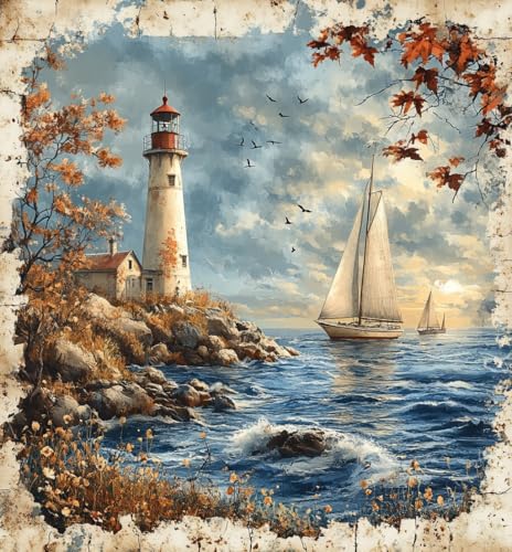 14ct Counted Cross Stitch Kits for Adults Seaside Tower Boat Printed Stamped Cross Stitch Patterns Kits Cross Stitch Supplies