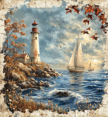 14ct Counted Cross Stitch Kits for Adults Seaside Tower Boat Printed Stamped Cross Stitch Patterns Kits Cross Stitch Supplies