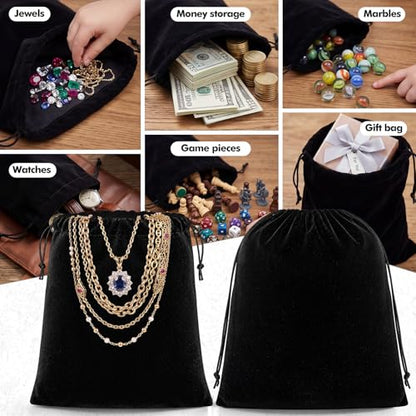5 Pcs Black Velvet Drawstring Bags (5 Count)