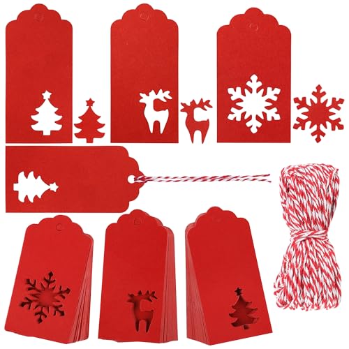 150 Pieces Christmas Paper Gift Tags Red Kraft Tags Hang Labels Christmas Tree Snowflake Reindeer Design with 30 Meters Twine for Christmas DIY Wrapping Favor Holiday Present