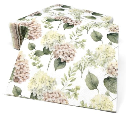 100 Pcs Hydrangea Scatter Floral Cocktail Beverage Napkins Hydrangeas Flowers Disposable Paper Dessert Napkin for Spring Summer Birthday Party Supplies (100 Count)