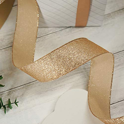 Glitter Wired Ribbon 1.5" x 10 Yards Gold (30 Feet)