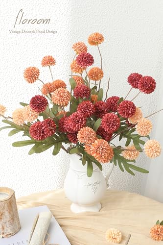 9pcs Dark Red Burnt Orange Mix Faux Silk Mums Artificial Flowers (9 Count)