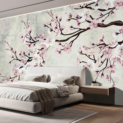 Wall Sticker Wall Mural Watercolor Style Ink Painting Pink Cherry Blossom on Vintage
