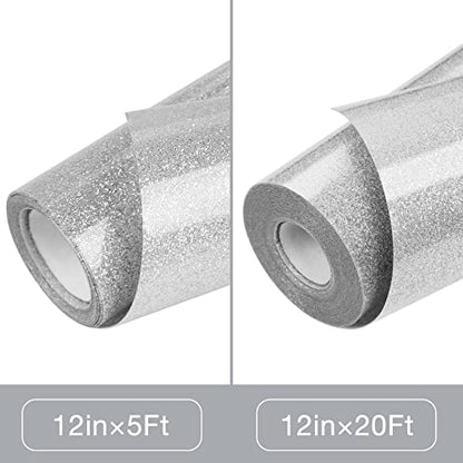 Silver Glitter HTV Heat Transfer Vinyl Roll 12 inch x 20 ft Iron on Vinyl for T Shirts Crafts Bulk