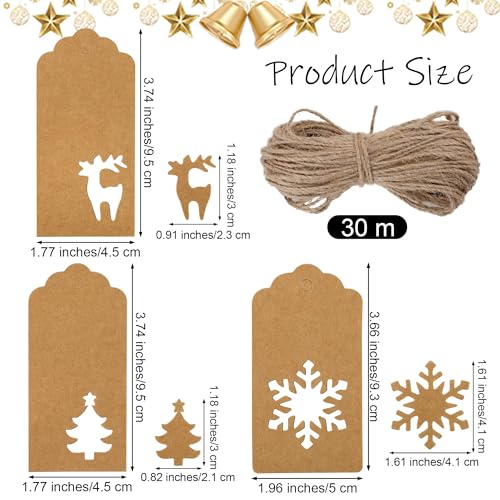 150 Pieces Christmas Paper Gift Tags Brown Kraft Tags Hang Labels Christmas Tree Snowflake Reindeer Design with 30 Meters Jute Twine for Christmas DIY Wrapping Favor Holiday Present (150 Count)