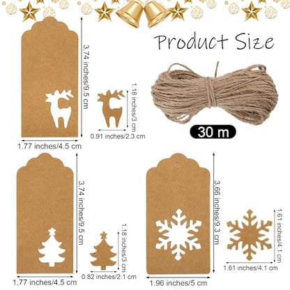 150 Pieces Christmas Paper Gift Tags Brown Kraft Tags Hang Labels Christmas Tree Snowflake Reindeer Design with 30 Meters Jute Twine for Christmas DIY Wrapping Favor Holiday Present (150 Count)