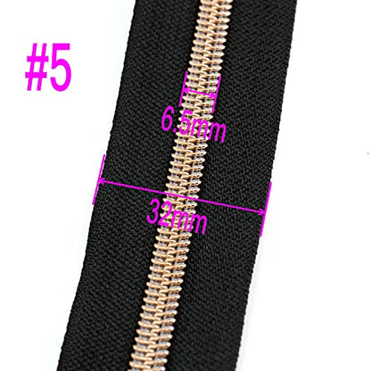 5 Rose Gold Metallic Nylon Coil Zippers by The Yard Bulk 10 Yards Black Tape with 25pcs Rose Gold Sliders for DIY Sewing Tailor Craft Bag (10 Yards Count)